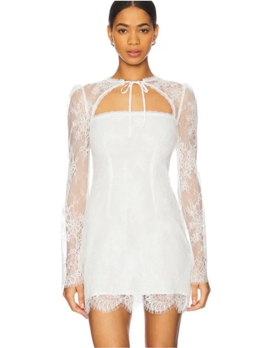 Stone Cold Fox White Lace Mini Dress with Sheer Long Sleeves